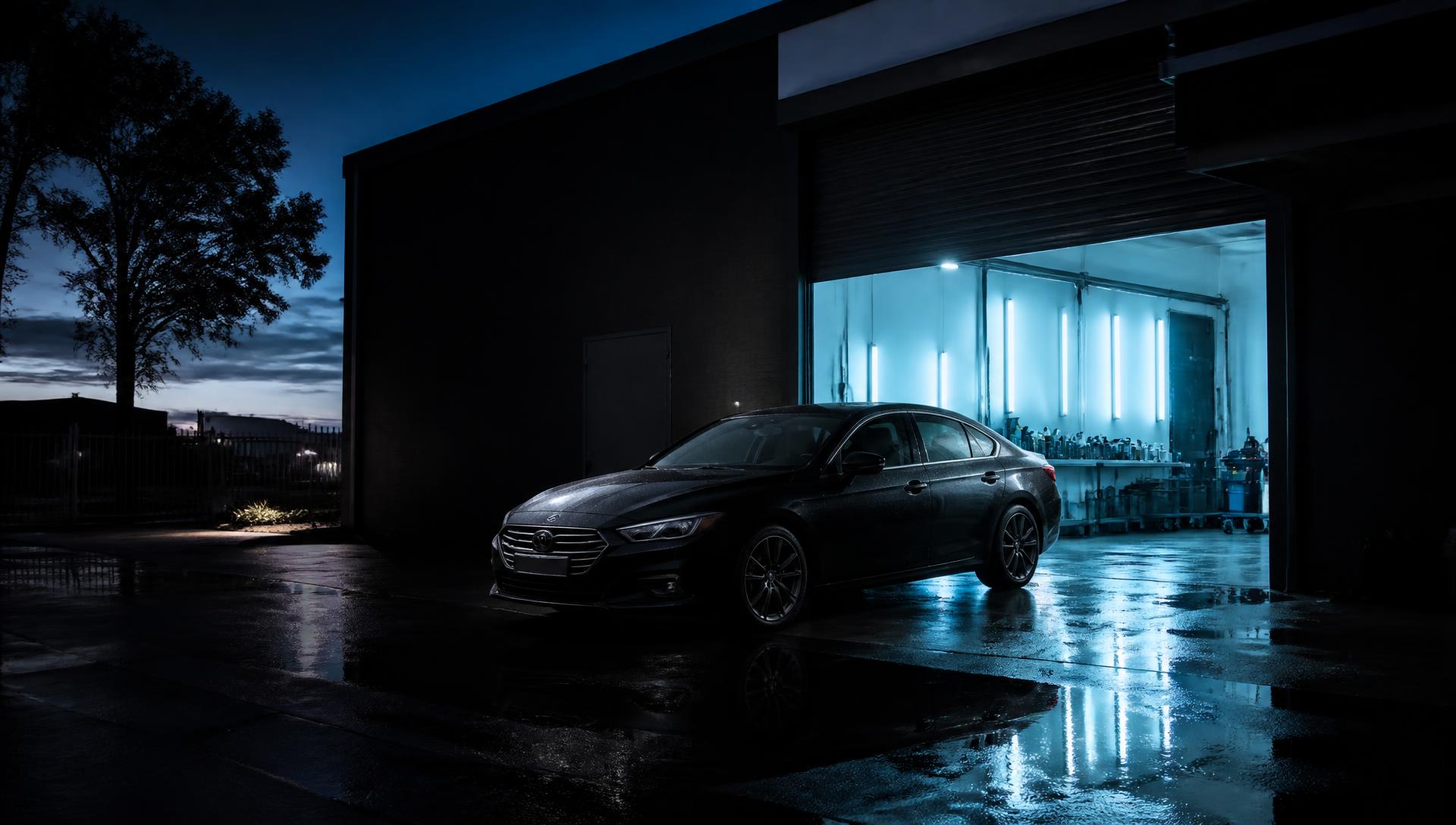 Freshly detailed black sedan on the forecourt outside the Broadmeadow detailing workshop
